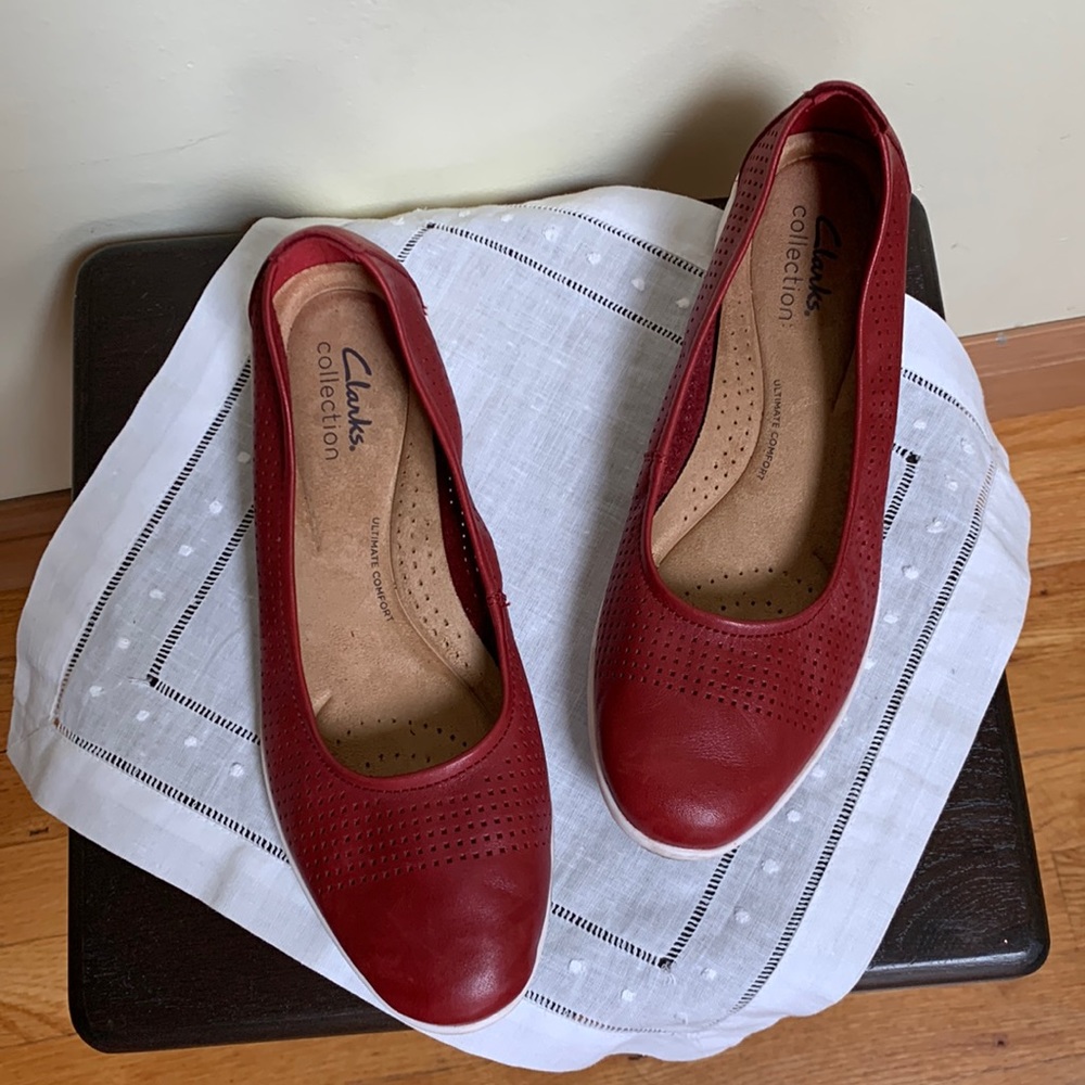 Clarks Brick Red Perforated Leather Flats